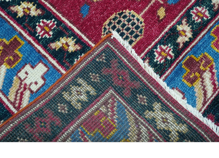 Custom Made Traditional Tribal Design Red And Blue Hand Knotted Wool Rug - The Rug Decor