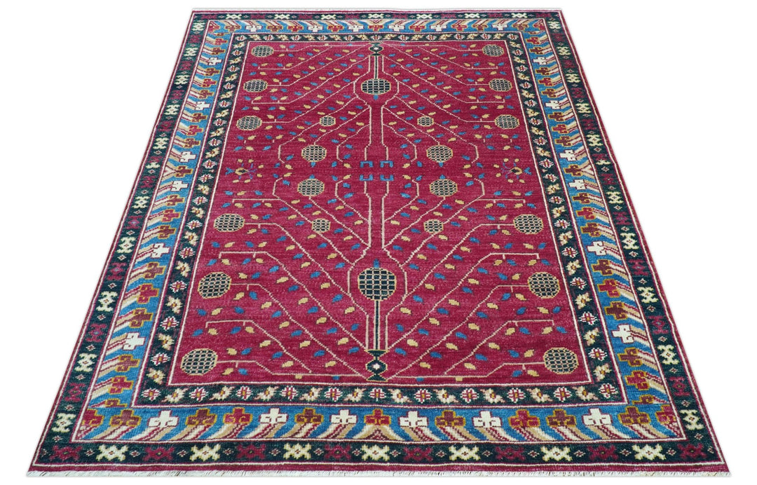 Custom Made Traditional Tribal Design Red And Blue Hand Knotted Wool Rug - The Rug Decor