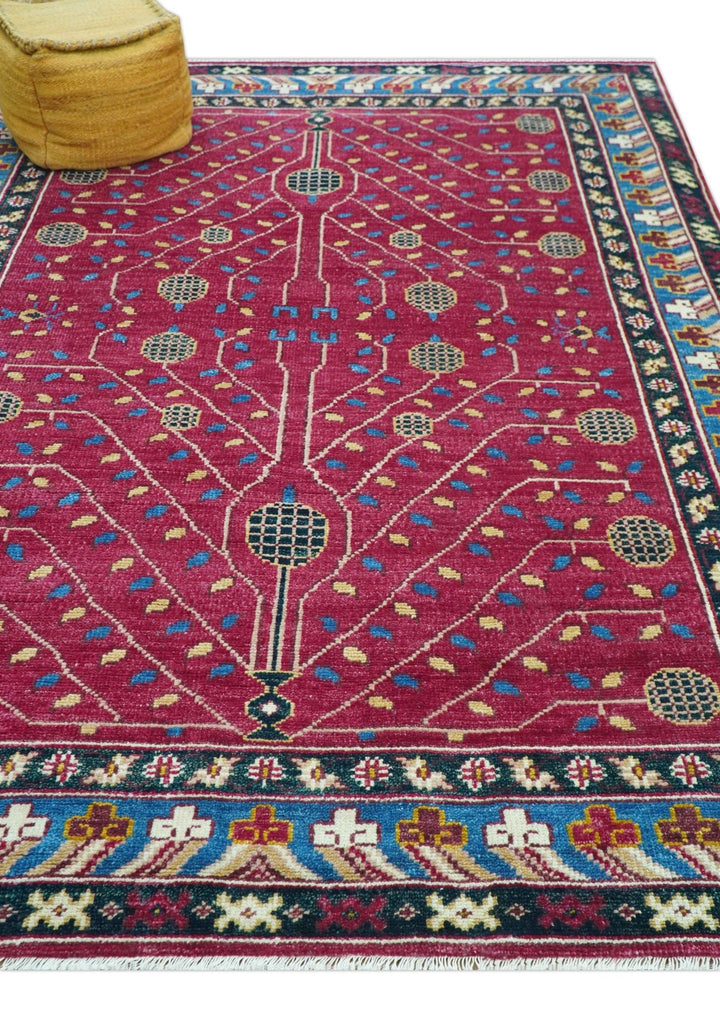 Custom Made Traditional Tribal Design Red And Blue Hand Knotted Wool Rug - The Rug Decor