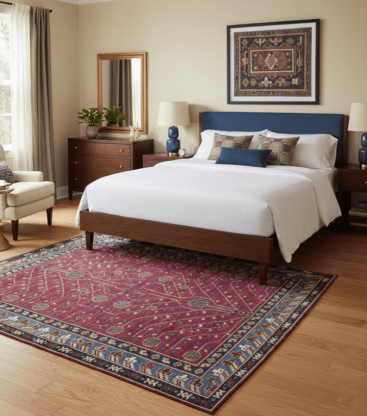 Custom Made Traditional Tribal Design Red And Blue Hand Knotted Wool Rug - The Rug Decor