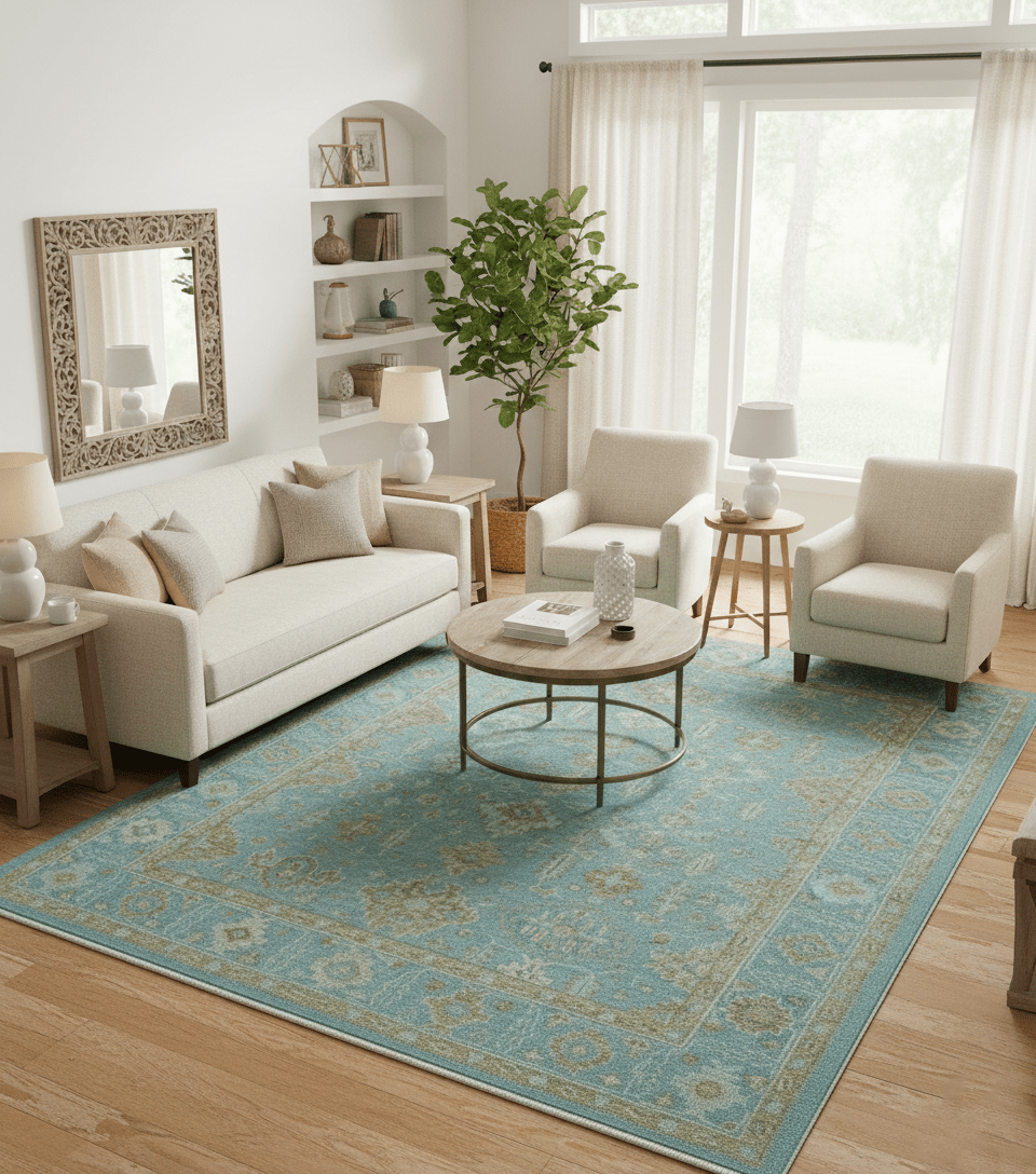 Custom Made Traditional Turkish Blue And Green Hand Knotted Wool Rug - The Rug Decor