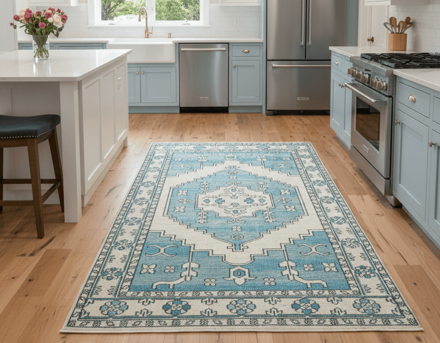 Custom Made Traditional Turkish Blue And Ivory Hand Knotted Wool Area Rug - The Rug Decor