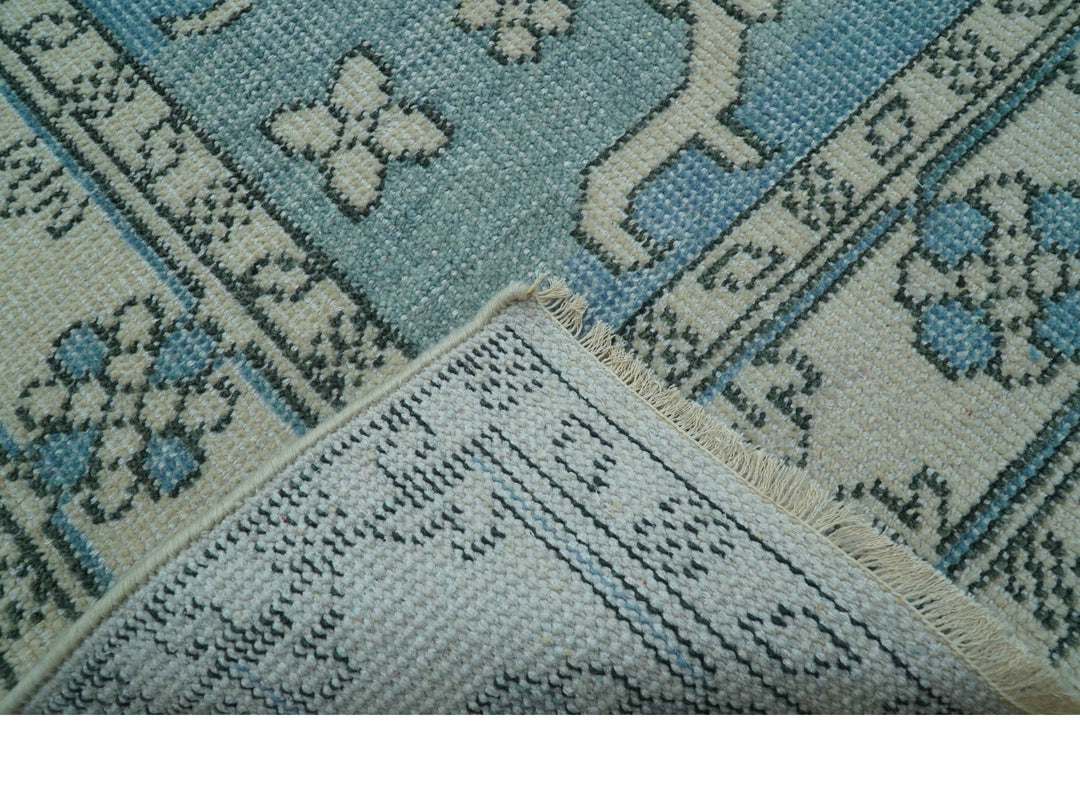 Custom Made Traditional Turkish Blue And Ivory Hand Knotted Wool Area Rug - The Rug Decor