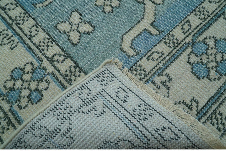 Custom Made Traditional Turkish Blue And Ivory Hand Knotted Wool Area Rug - The Rug Decor