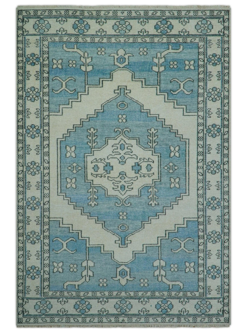Custom Made Traditional Turkish Blue And Ivory Hand Knotted Wool Area Rug - The Rug Decor