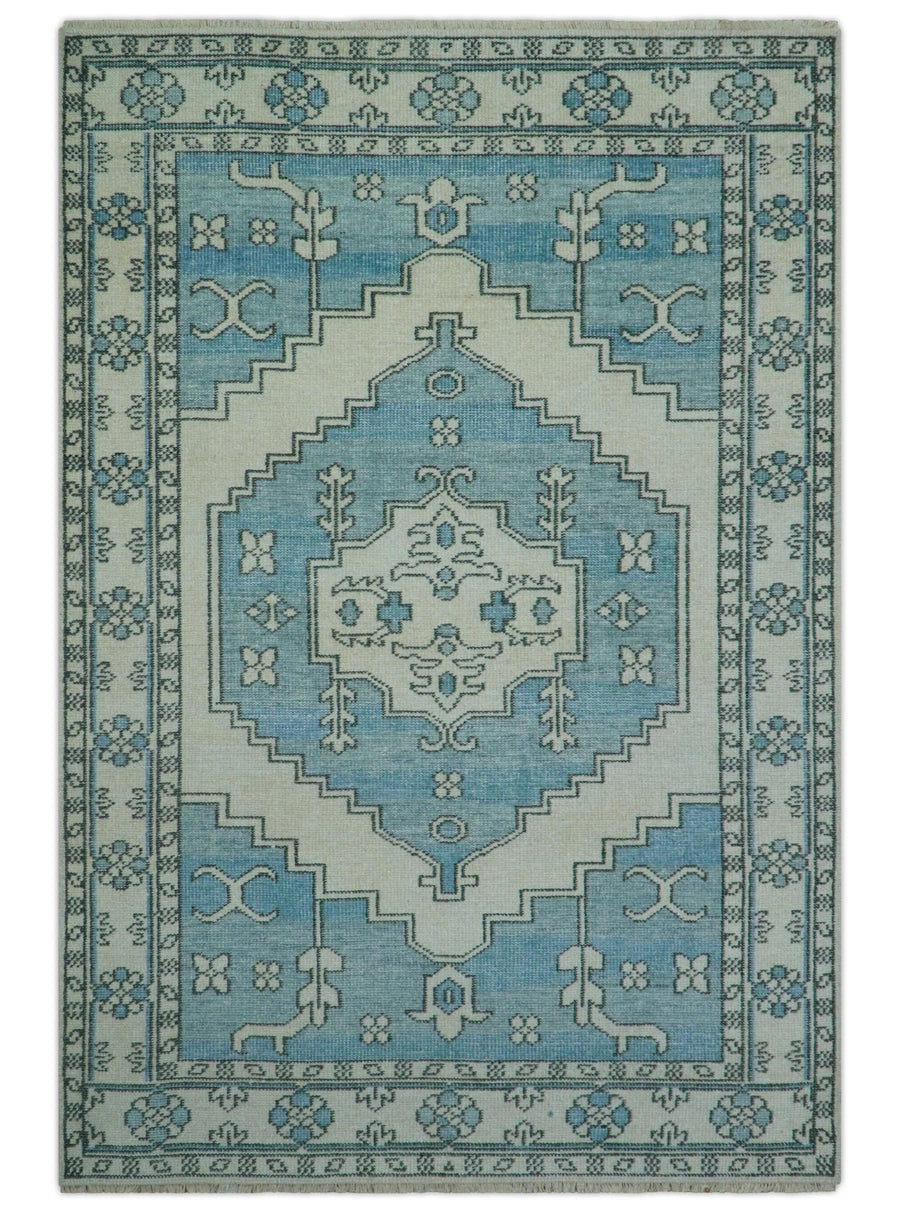 Custom Made Traditional Turkish Blue And Ivory Hand Knotted Wool Area Rug - The Rug Decor