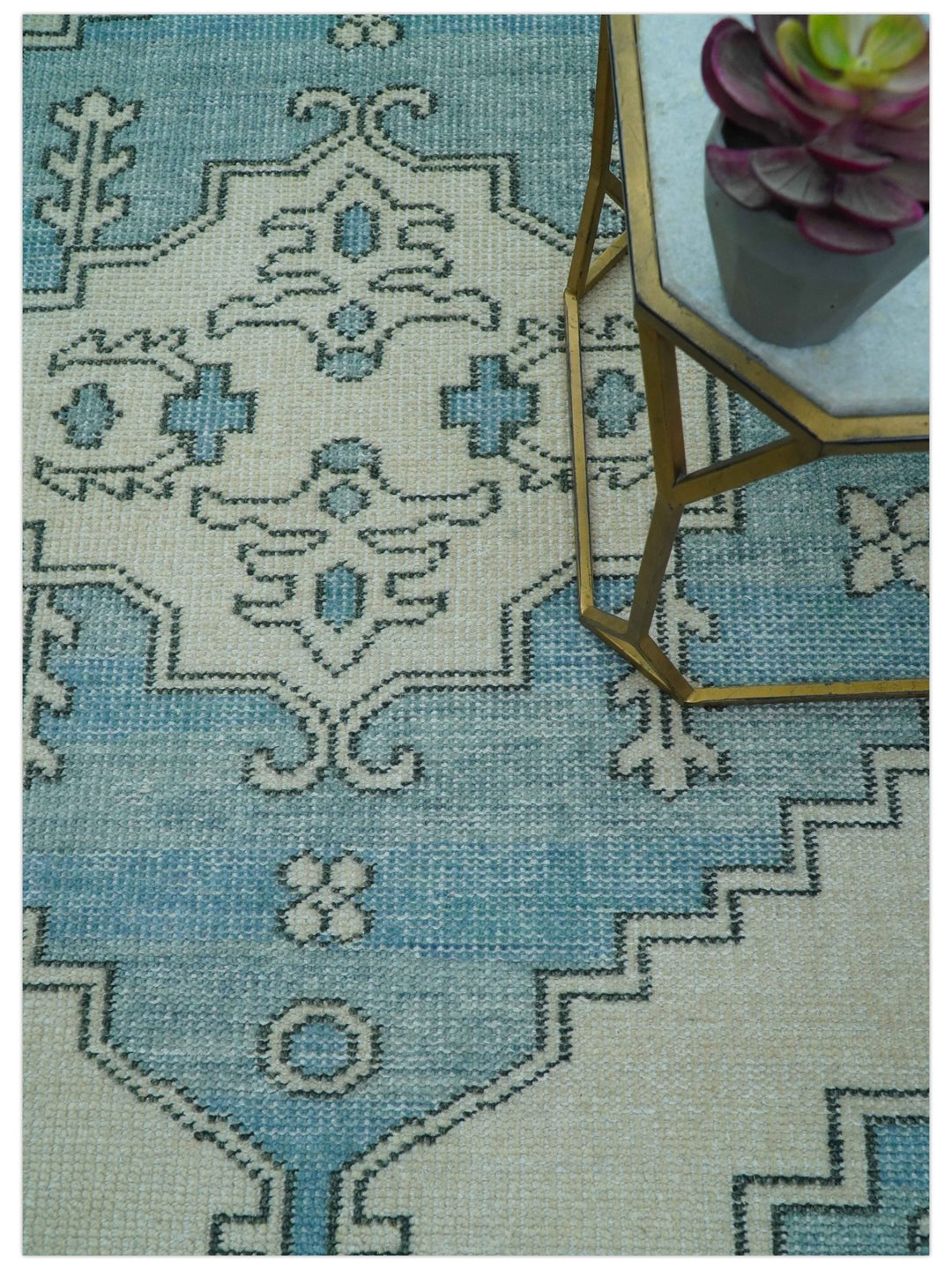 Custom Made Traditional Turkish Blue And Ivory Hand Knotted Wool Area Rug - The Rug Decor