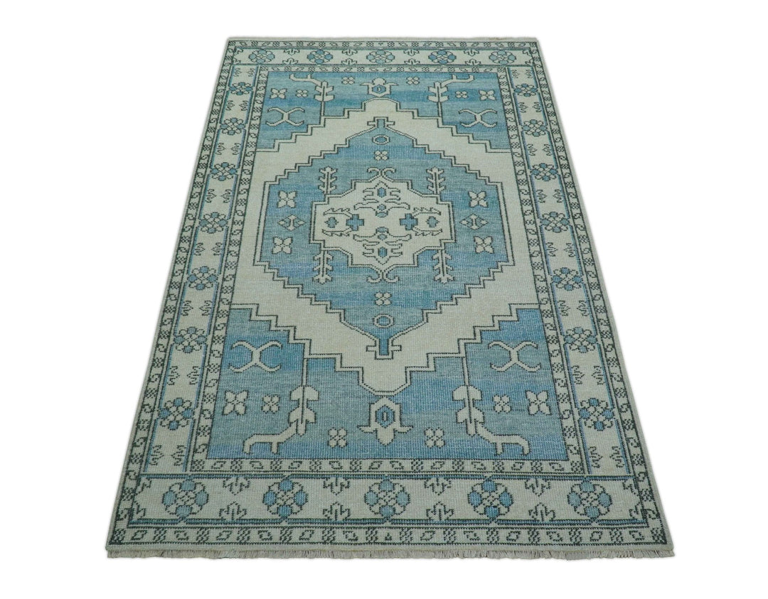 Custom Made Traditional Turkish Blue And Ivory Hand Knotted Wool Area Rug - The Rug Decor