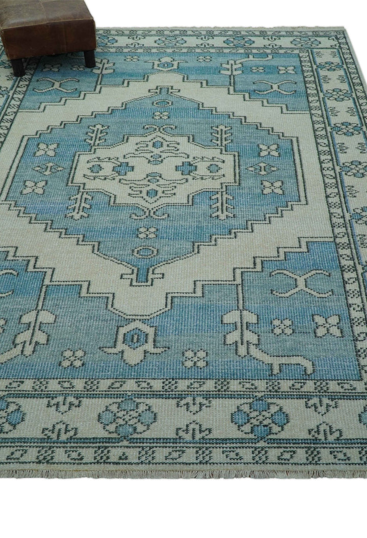 Custom Made Traditional Turkish Blue And Ivory Hand Knotted Wool Area Rug - The Rug Decor