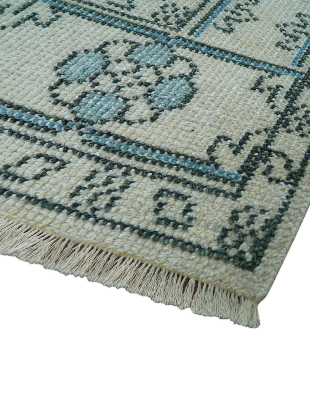 Custom Made Traditional Turkish Blue And Ivory Hand Knotted Wool Area Rug - The Rug Decor