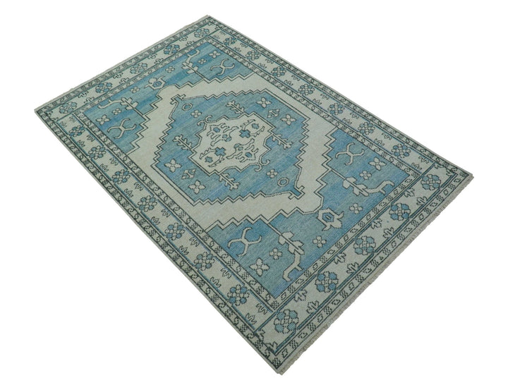 Custom Made Traditional Turkish Blue And Ivory Hand Knotted Wool Area Rug - The Rug Decor
