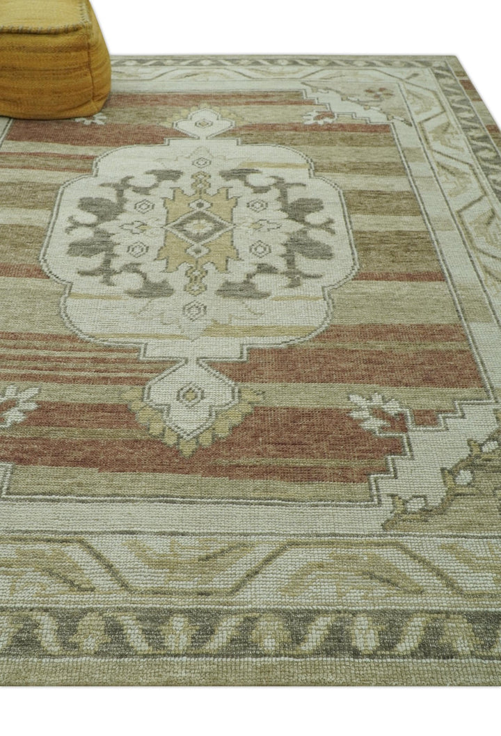 Custom Made Traditional Turkish Design Beige And Rust Hand knotted Wool Area Rug - The Rug Decor