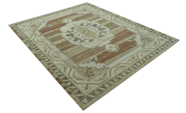 Custom Made Traditional Turkish Design Beige And Rust Hand knotted Wool Area Rug - The Rug Decor