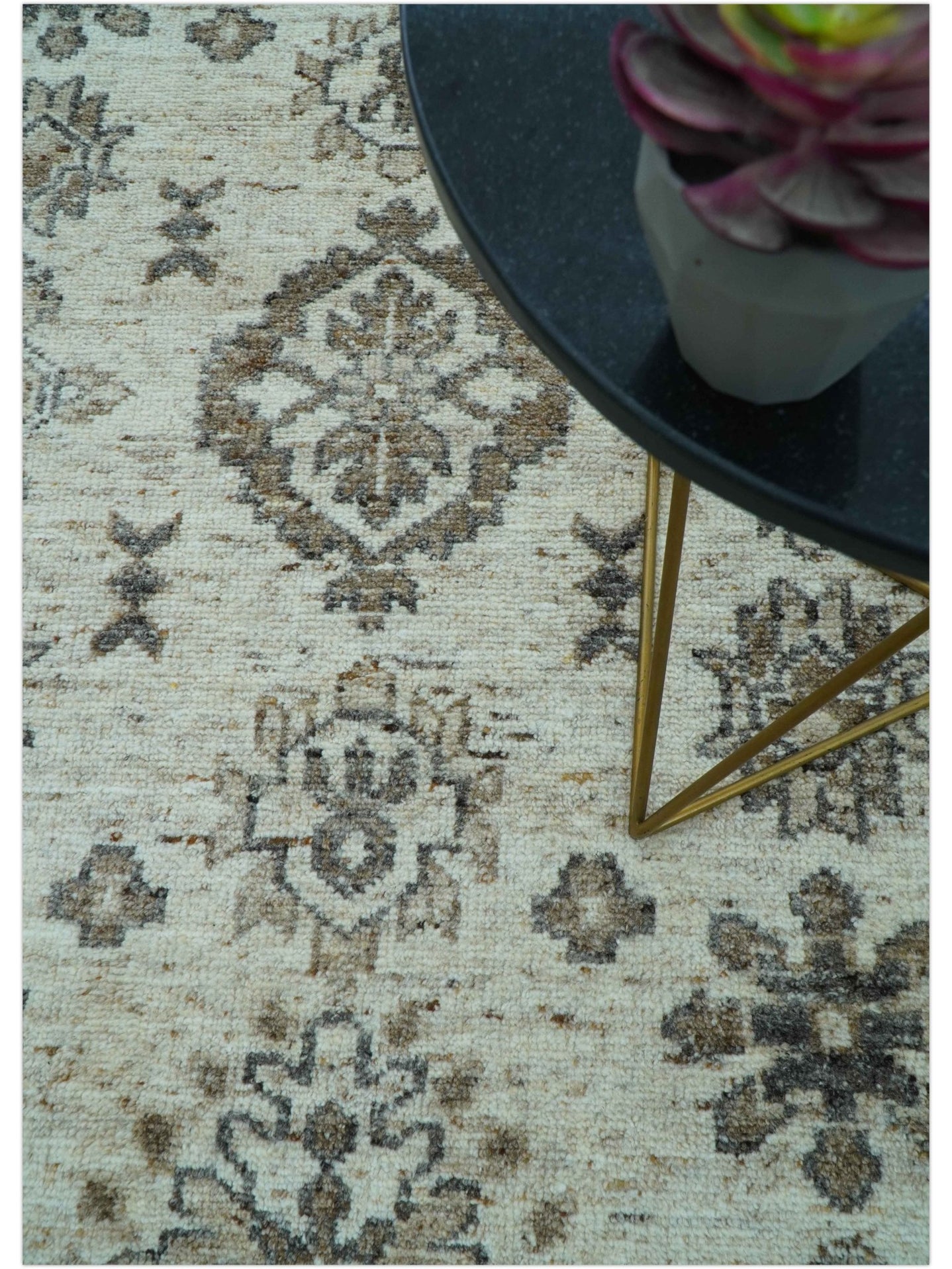 Custom Made Traditional Turkish Design Beige Hand Knotted Natural Wool Area Rug - The Rug Decor