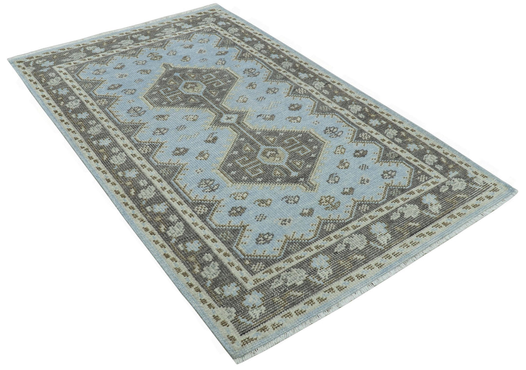 Custom Made Traditional Turkish design Blue And Brown Hand Knotted Wool Area Rug - The Rug Decor