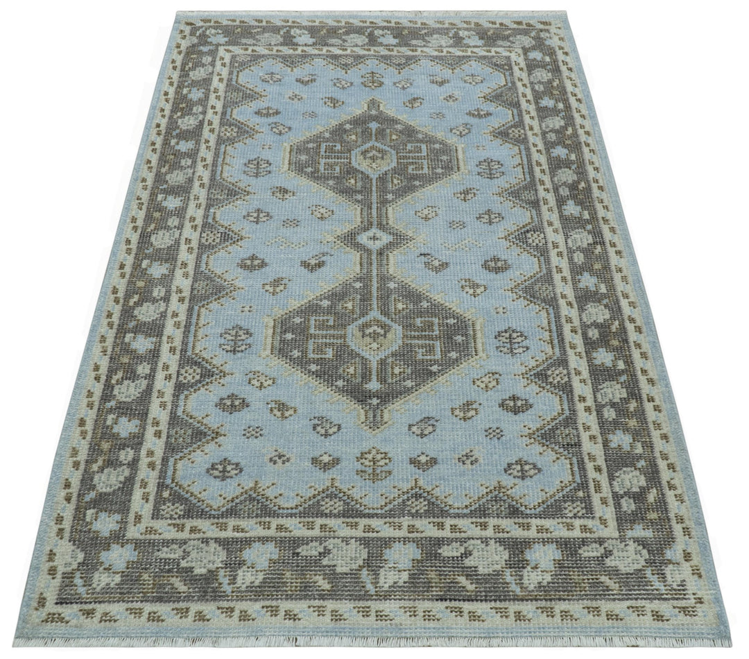 Custom Made Traditional Turkish design Blue And Brown Hand Knotted Wool Area Rug - The Rug Decor