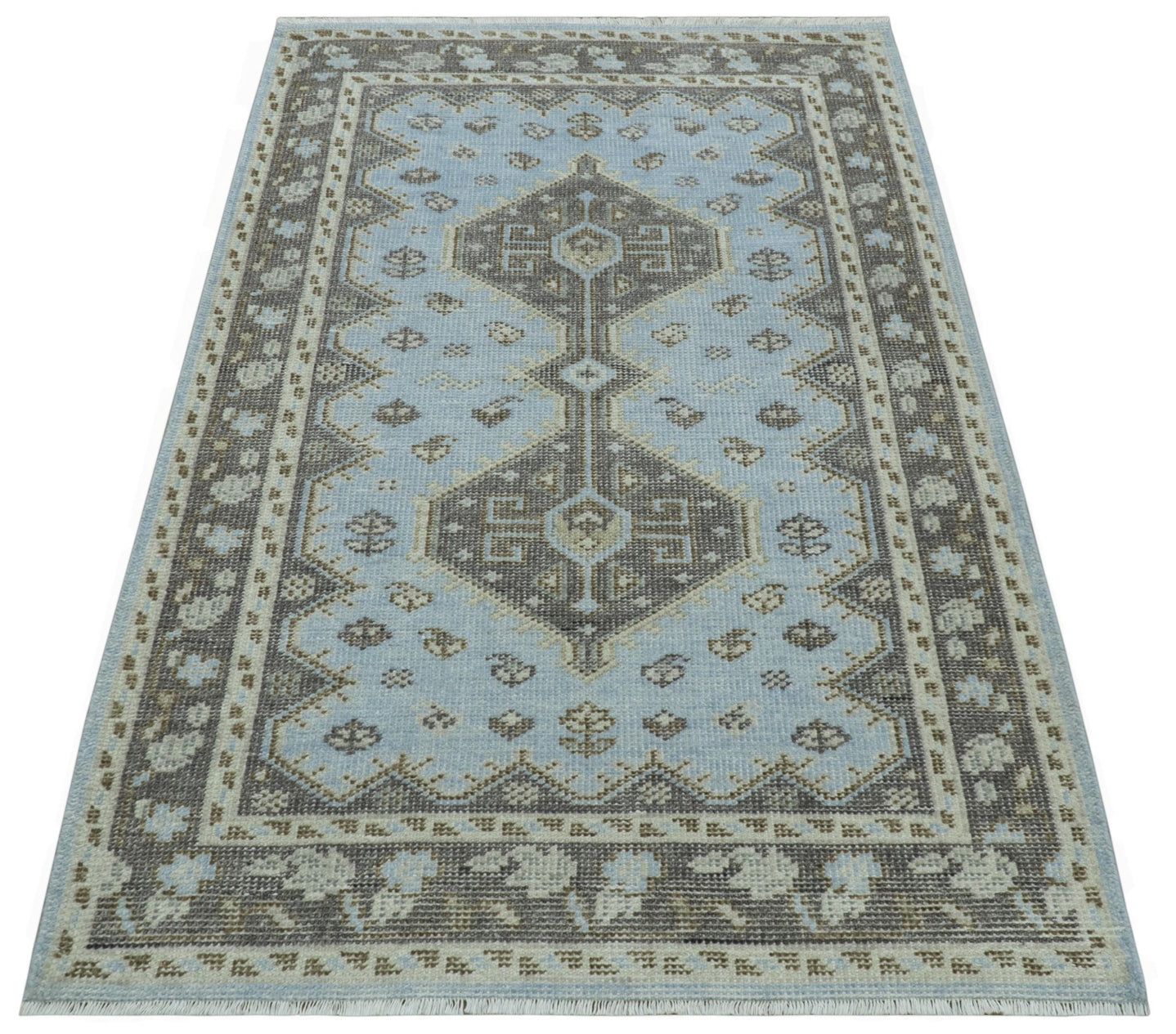 Custom Made Traditional Turkish design Blue And Brown Hand Knotted Wool Area Rug - The Rug Decor