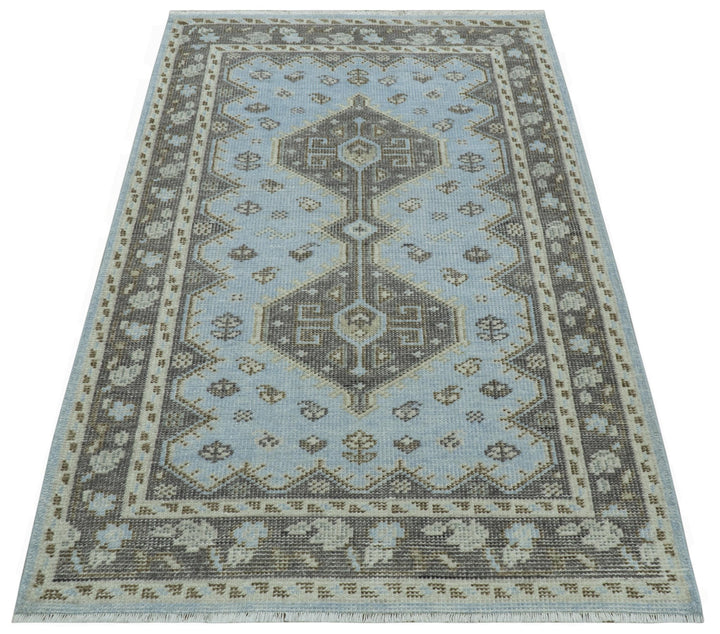 Custom Made Traditional Turkish design Blue And Brown Hand Knotted Wool Area Rug - The Rug Decor