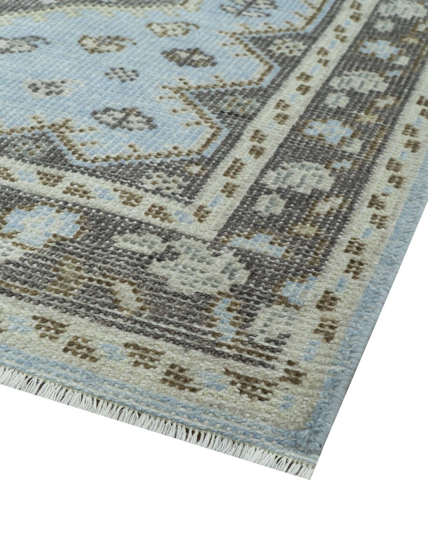 Custom Made Traditional Turkish design Blue And Brown Hand Knotted Wool Area Rug - The Rug Decor