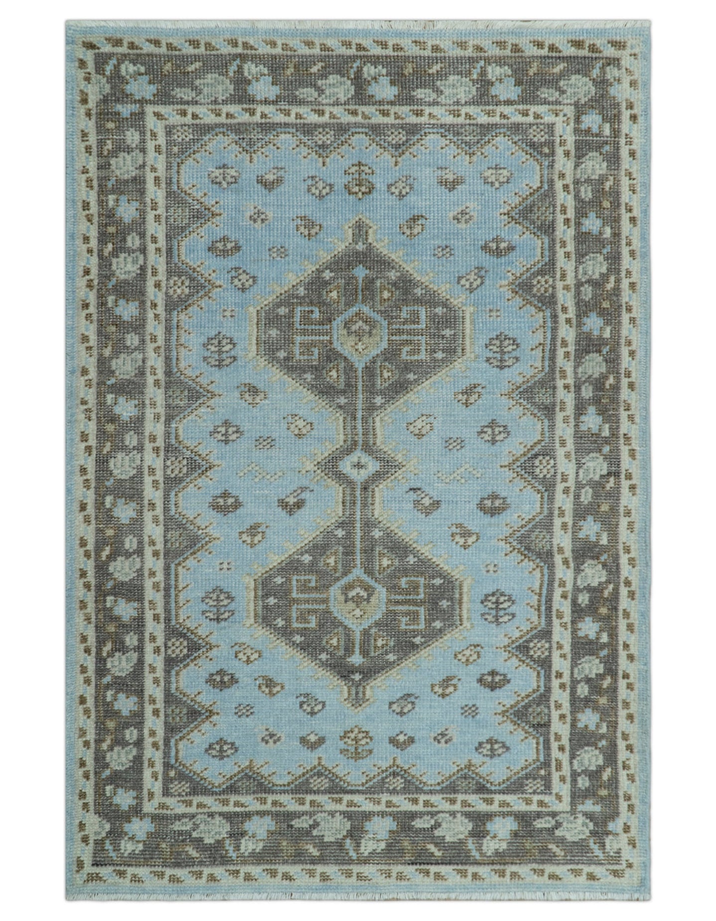 Custom Made Traditional Turkish design Blue And Brown Hand Knotted Wool Area Rug - The Rug Decor