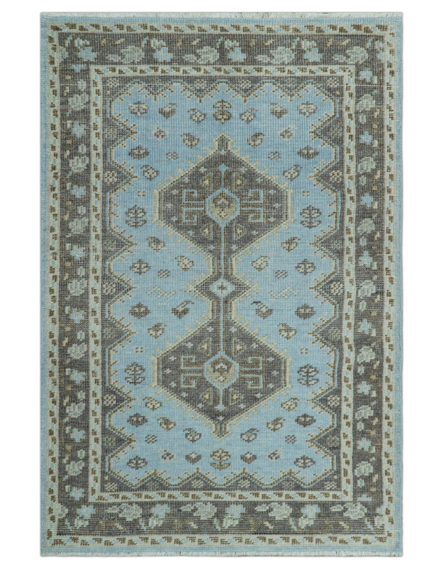 Custom Made Traditional Turkish design Blue And Brown Hand Knotted Wool Area Rug - The Rug Decor