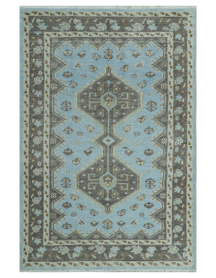 Custom Made Traditional Turkish design Blue And Brown Hand Knotted Wool Area Rug - The Rug Decor