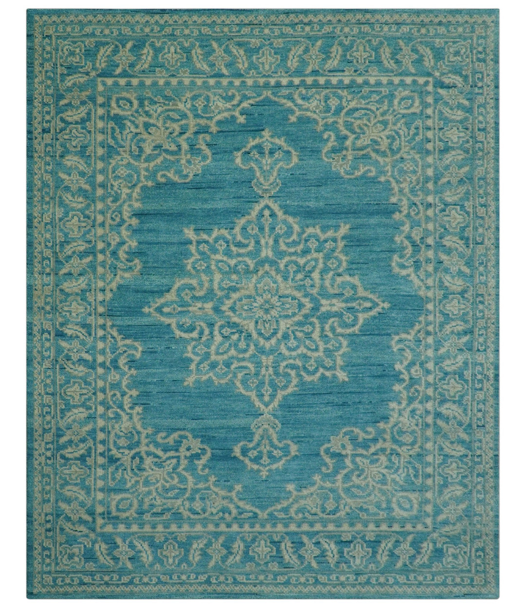 Custom Made Traditional Turkish Design Blue Hand Knotted Wool Area Rug - The Rug Decor