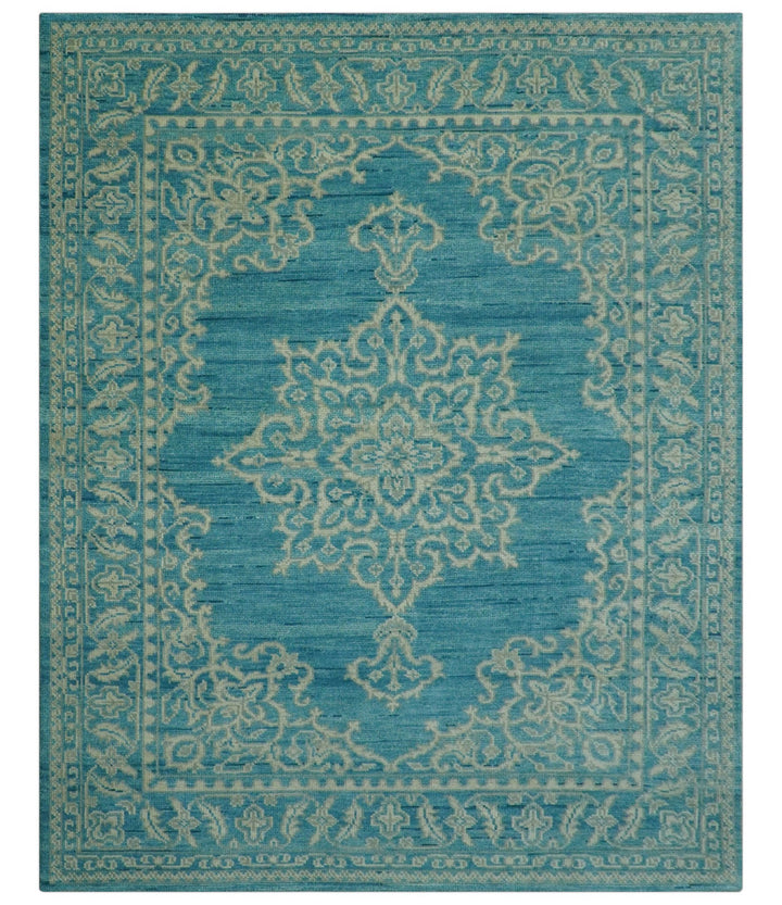 Custom Made Traditional Turkish Design Blue Hand Knotted Wool Area Rug - The Rug Decor