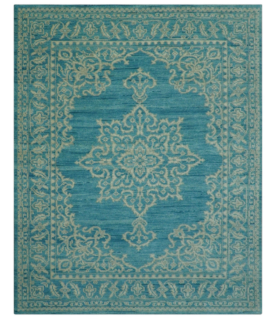 Custom Made Traditional Turkish Design Blue Hand Knotted Wool Area Rug - The Rug Decor