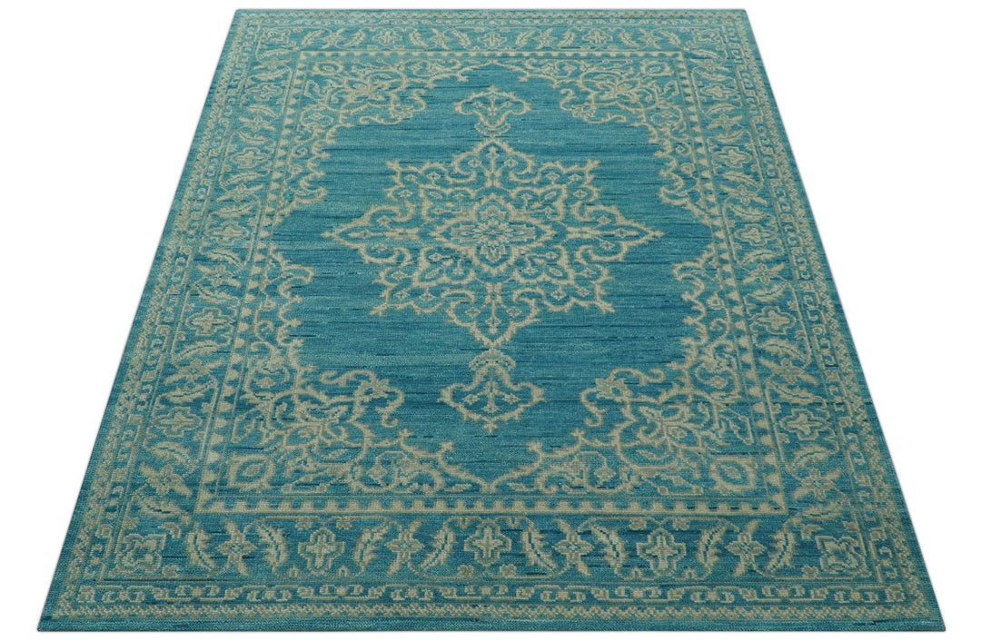 Custom Made Traditional Turkish Design Blue Hand Knotted Wool Area Rug - The Rug Decor