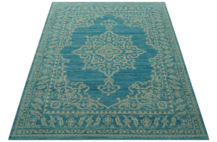 Custom Made Traditional Turkish Design Blue Hand Knotted Wool Area Rug - The Rug Decor