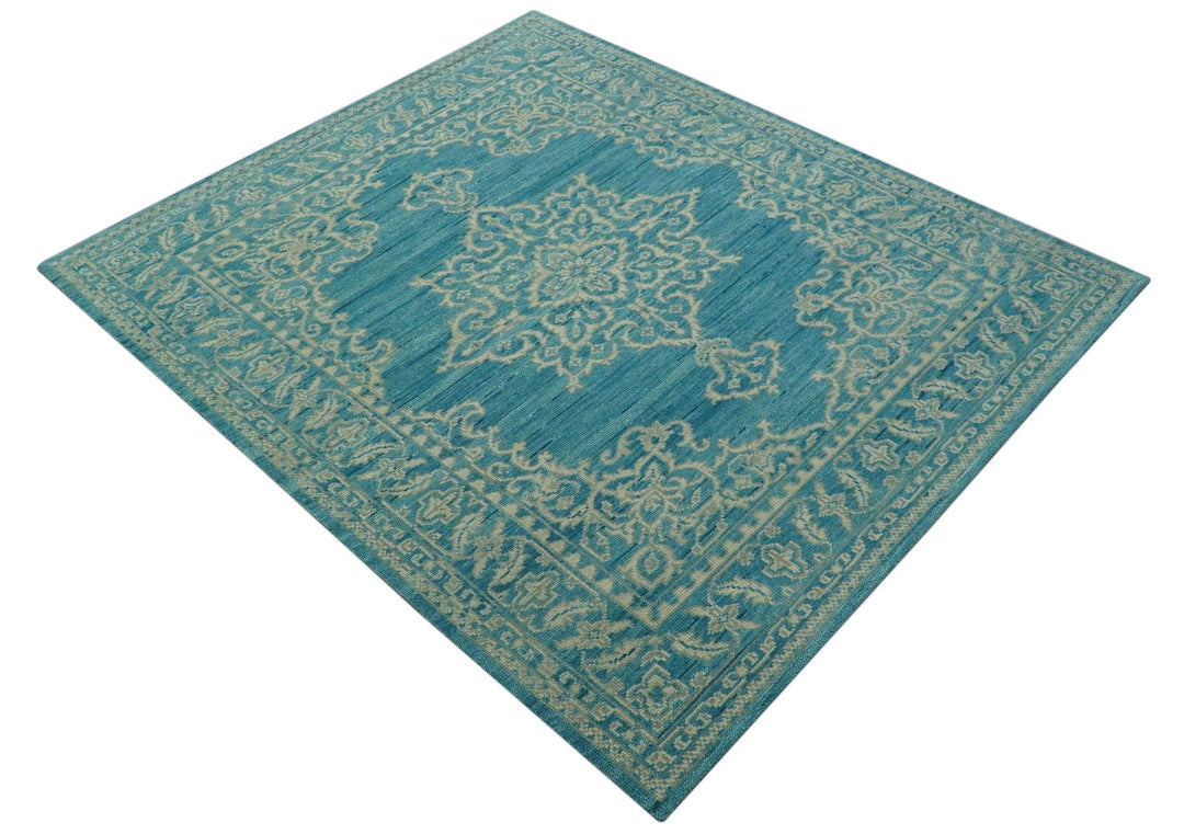 Custom Made Traditional Turkish Design Blue Hand Knotted Wool Area Rug - The Rug Decor
