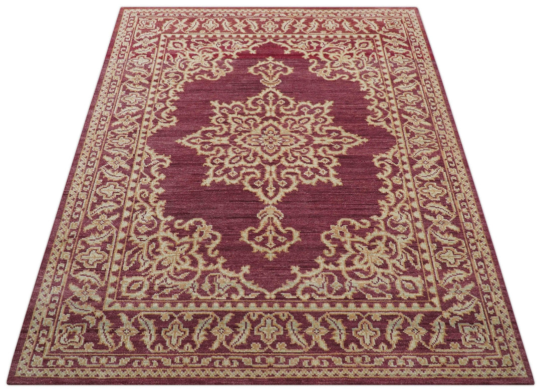 Custom Made Traditional Turkish Maroon And Beige Hand Knotted Wool Rug - The Rug Decor