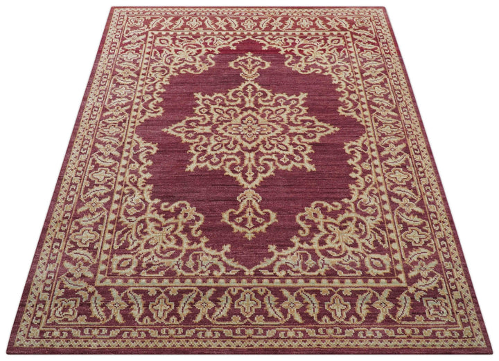 Custom Made Traditional Turkish Maroon And Beige Hand Knotted Wool Rug - The Rug Decor