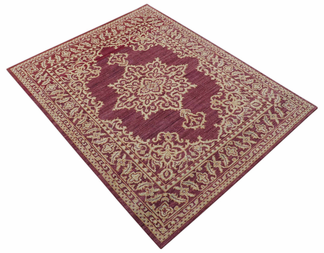 Custom Made Traditional Turkish Maroon And Beige Hand Knotted Wool Rug - The Rug Decor