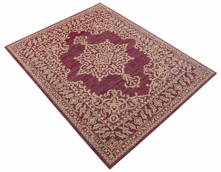 Custom Made Traditional Turkish Maroon And Beige Hand Knotted Wool Rug - The Rug Decor