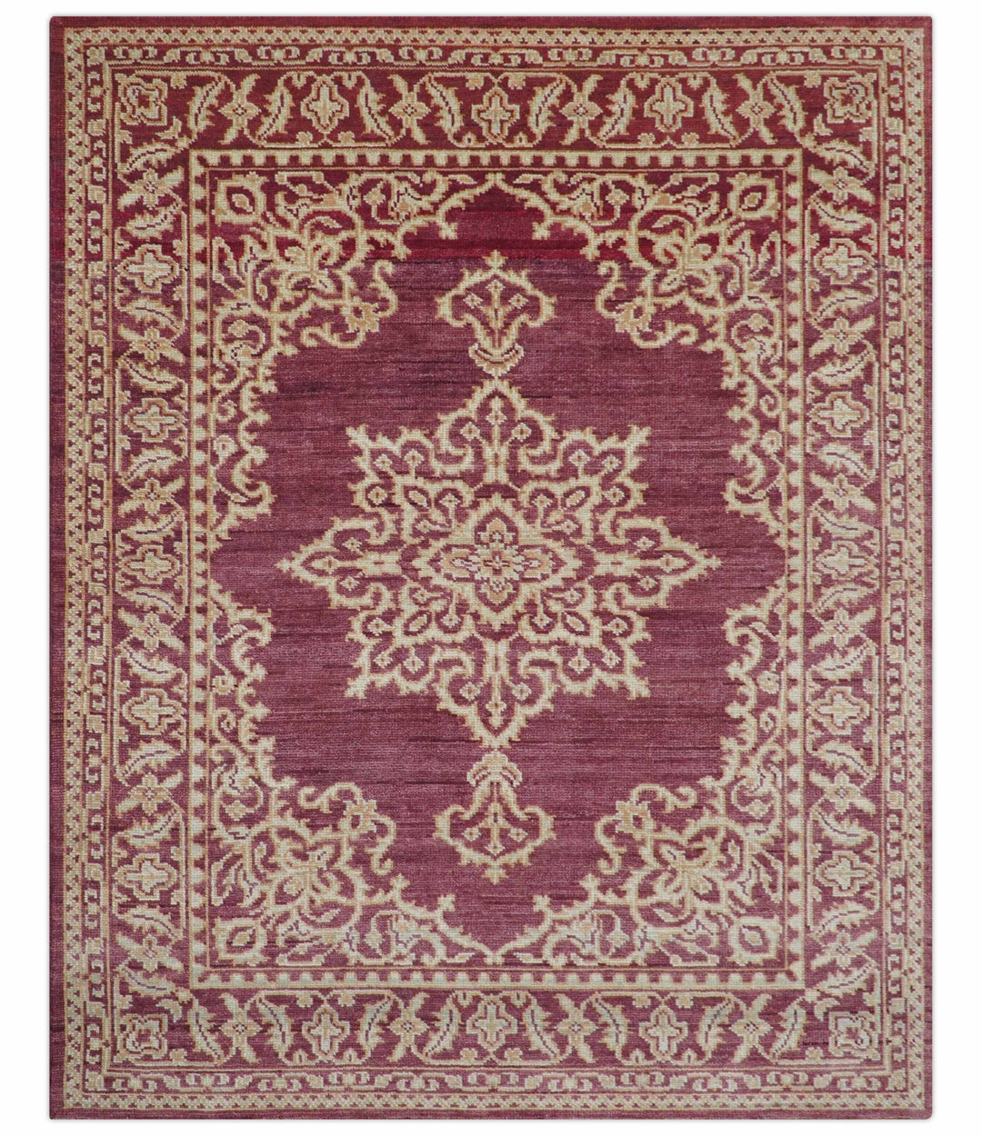 Custom Made Traditional Turkish Maroon And Beige Hand Knotted Wool Rug - The Rug Decor