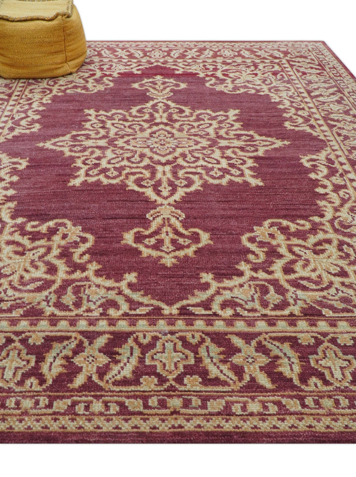 Custom Made Traditional Turkish Maroon And Beige Hand Knotted Wool Rug - The Rug Decor