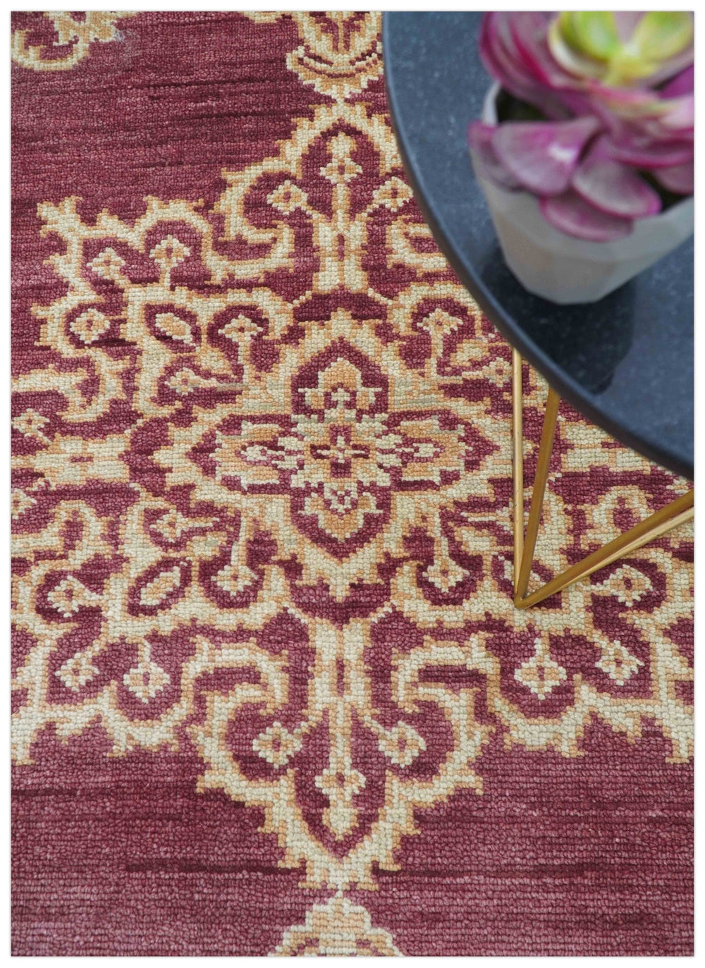 Custom Made Traditional Turkish Maroon And Beige Hand Knotted Wool Rug - The Rug Decor