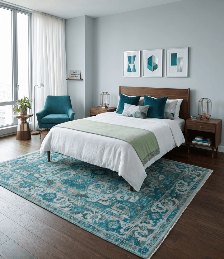 Custom Made Transitional Aqua and Ivory Hand Knotted Antique Style Traditional Wool Rug - The Rug Decor
