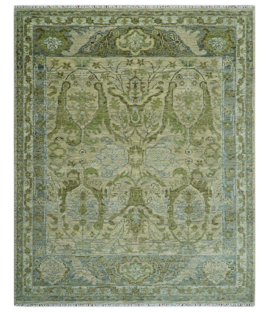 Custom Made Transitional Beige, Green and Blue Hand Knotted wool area rug - The Rug Decor
