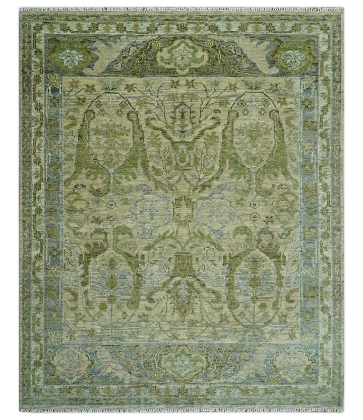 Custom Made Transitional Beige, Green and Blue Hand Knotted wool area rug - The Rug Decor