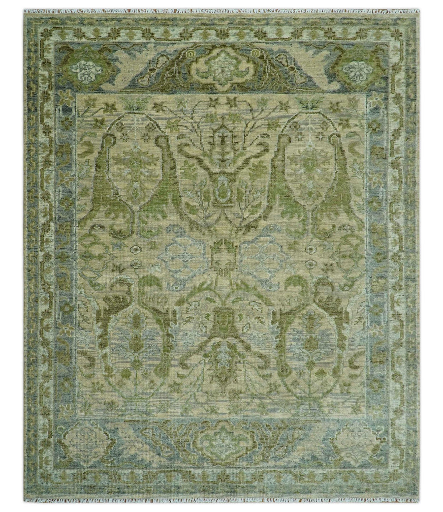 Custom Made Transitional Beige, Green and Blue Hand Knotted wool area rug - The Rug Decor