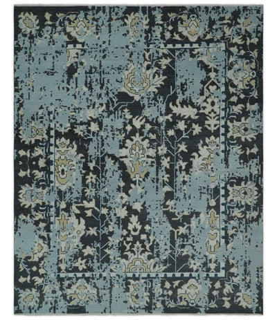 Custom Made Transitional Light Blue, Ivory, Beige and Charcoal Hand knotted wool Rug - The Rug Decor