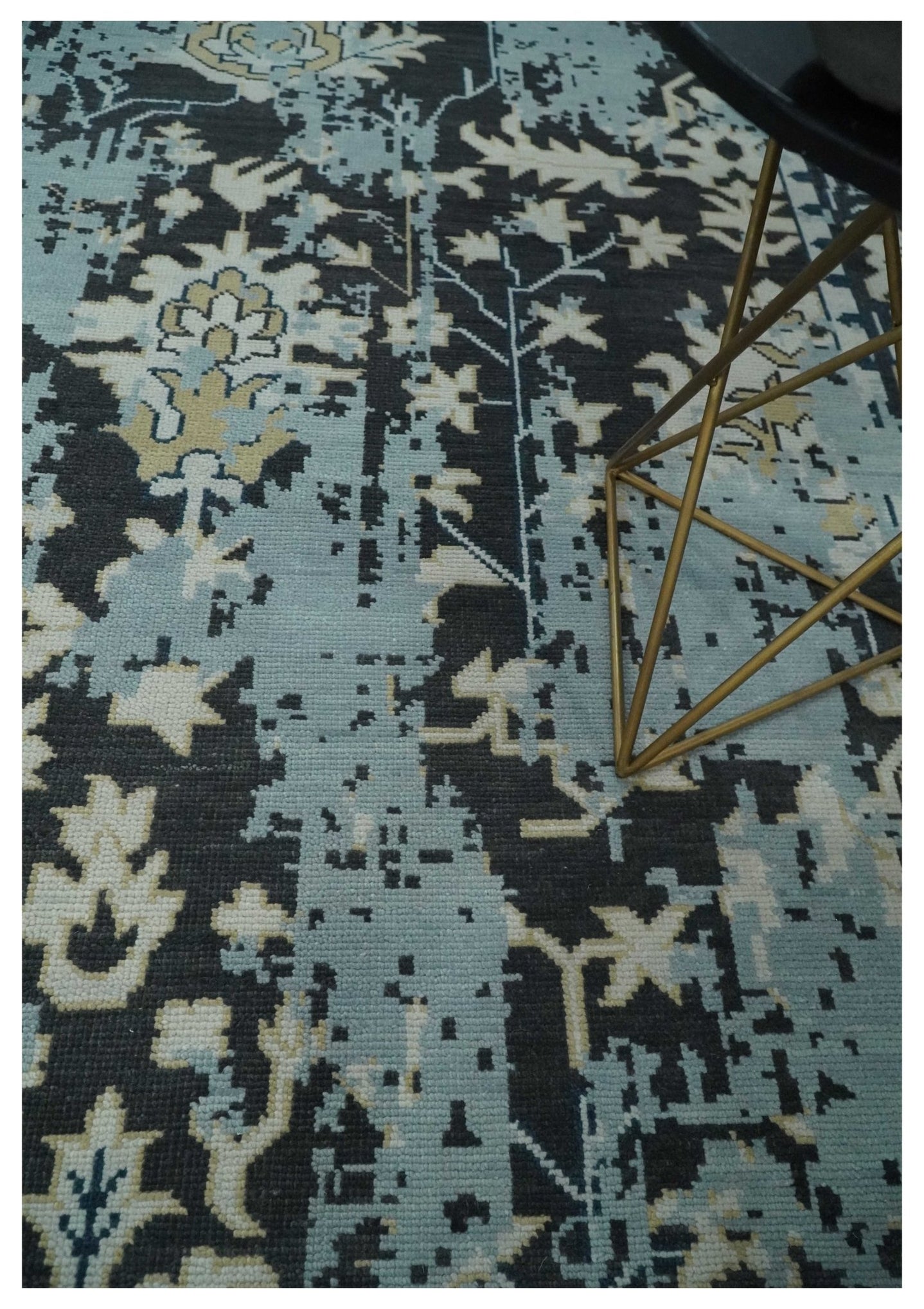 Custom Made Transitional Light Blue, Ivory, Beige and Charcoal Hand knotted wool Rug - The Rug Decor