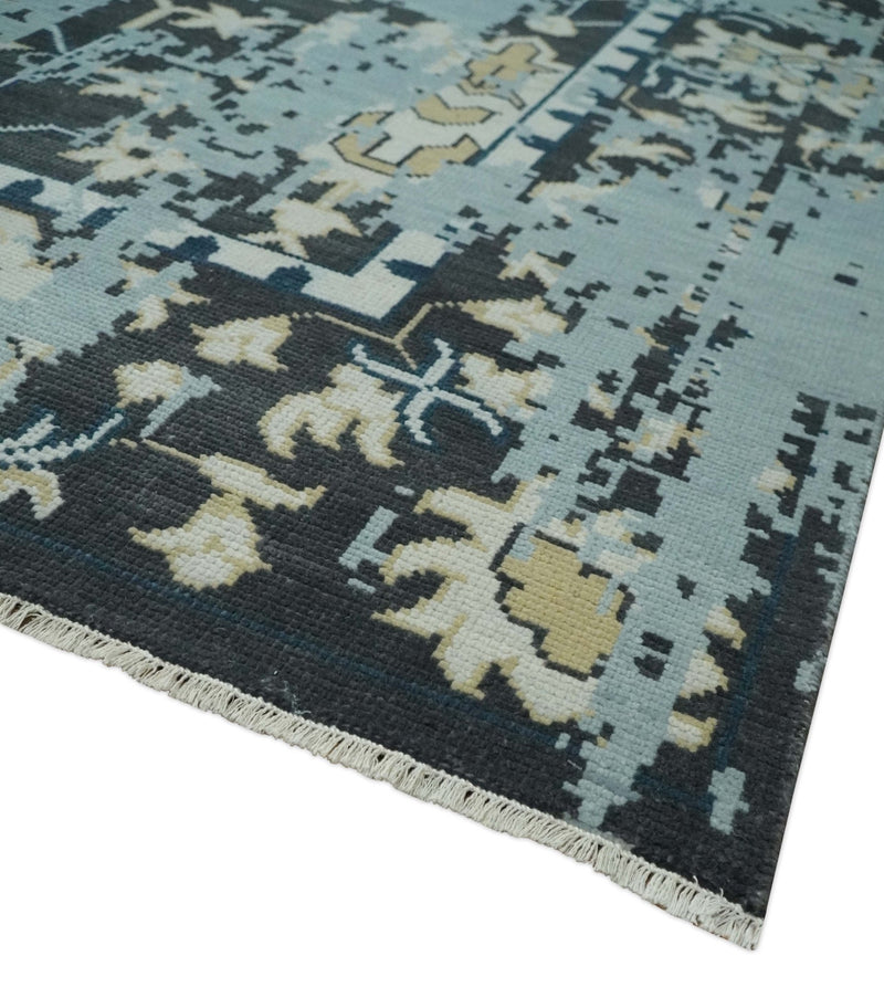 Custom Made Transitional Light Blue, Ivory, Beige and Charcoal Hand knotted wool Rug - The Rug Decor