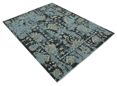 Custom Made Transitional Light Blue, Ivory, Beige and Charcoal Hand knotted wool Rug - The Rug Decor