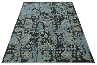 Custom Made Transitional Light Blue, Ivory, Beige and Charcoal Hand knotted wool Rug - The Rug Decor