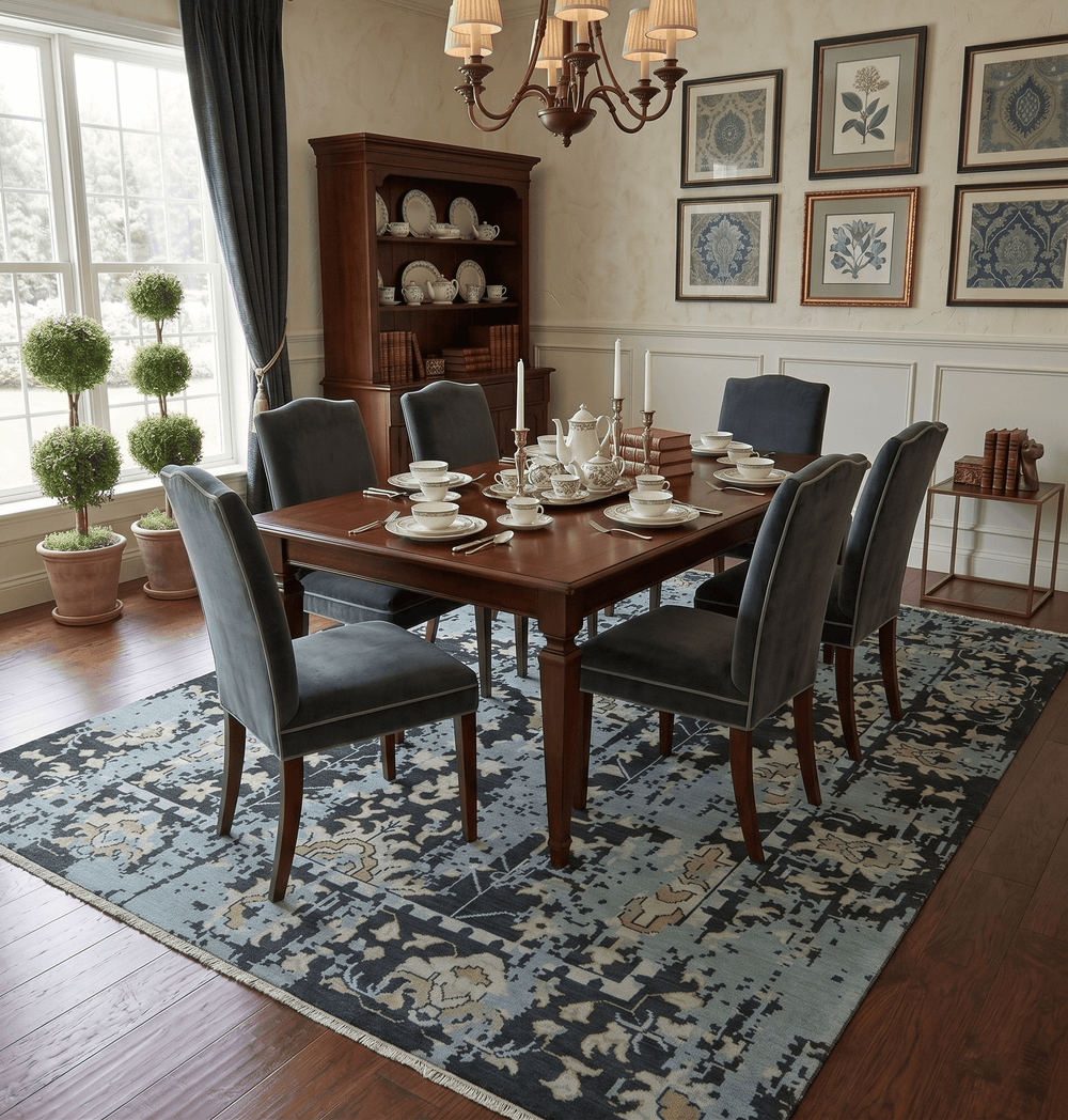 Custom Made Transitional Light Blue, Ivory, Beige and Charcoal Hand knotted wool Rug - The Rug Decor