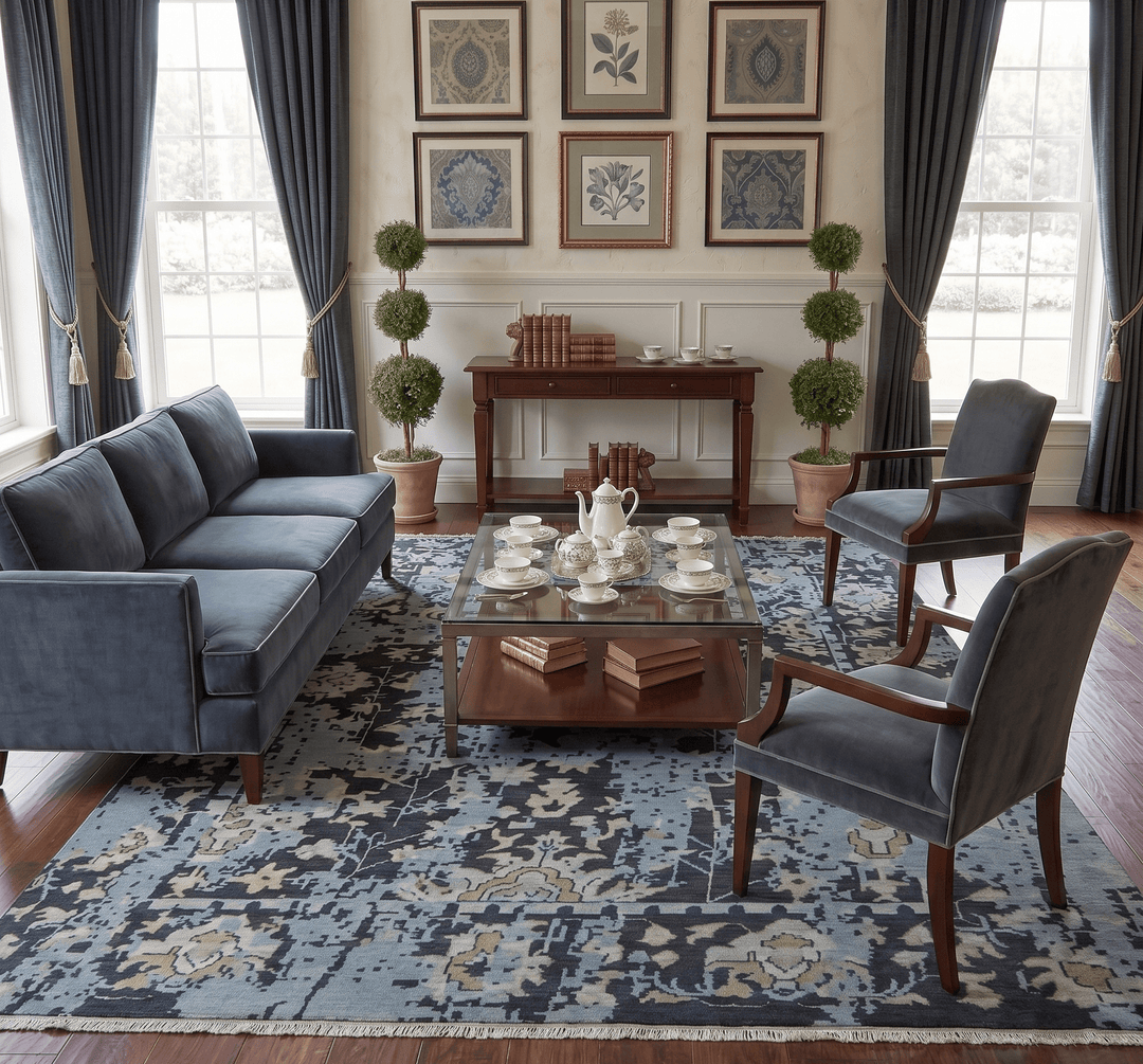 Custom Made Transitional Light Blue, Ivory, Beige and Charcoal Hand knotted wool Rug - The Rug Decor